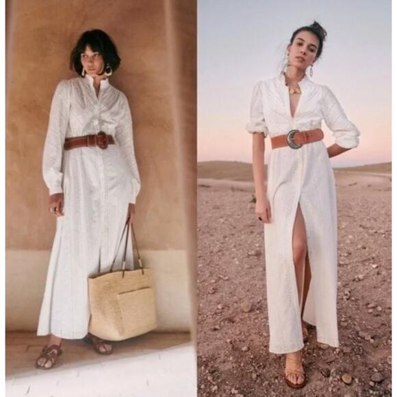 SEZANE Sz 40 8 Ecru Havane Eyelet Belted Maxi Shirt Dress - Picture 11 of 11